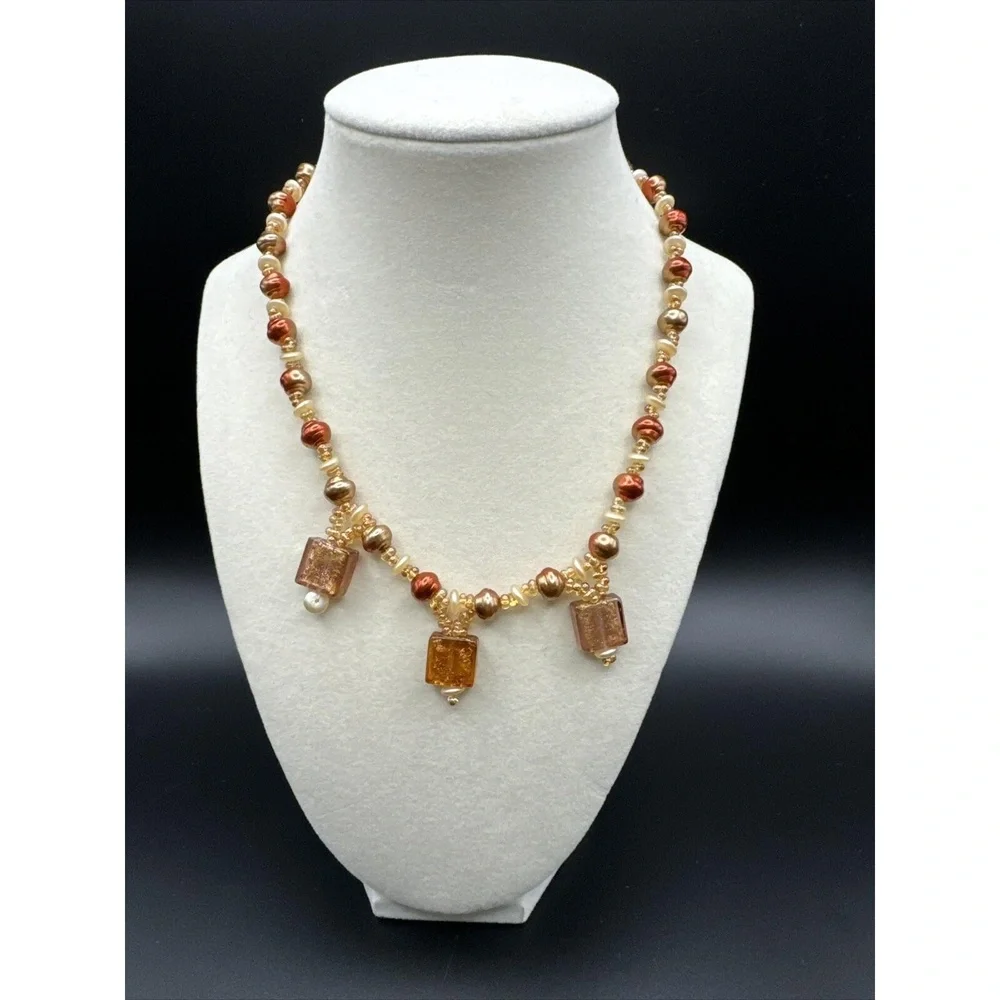 Copper Color Faux Pearl Seed Bead Glitter Glass Dangle Necklace 16 Jewelry